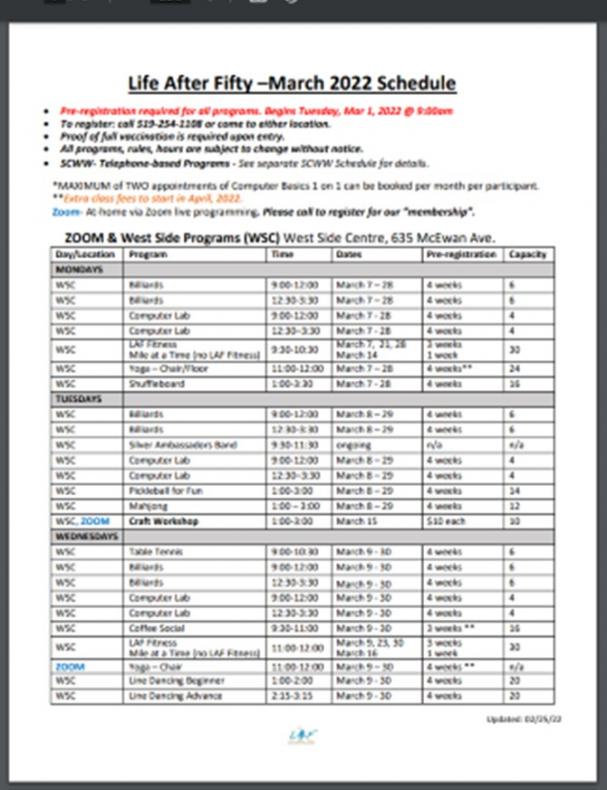 March In-Person/ Zoom Schedule